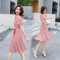 【外滩之韵】（6691）清新波点鱼尾开叉不规则飞飞宽松袖连衣裙韩版通勤中长款