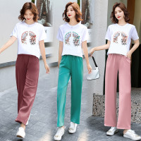 【外滩之韵】夏季清凉套装女2020新款高弹仿真丝T恤阔腿裤韩版时尚减龄2件套潮