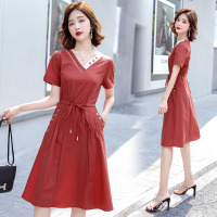 【外滩之韵】时尚连衣裙女2020年夏气质交叉领短袖抽绳收腰显瘦女裙小个子