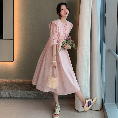 【HY&CO】连衣裙女士2020新款粉色娃娃领中长款泡泡袖收腰显瘦a字夏季裙子