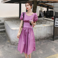 【HY&CO】泡泡袖紫色方领连衣裙2020夏季新新款法式复古气质收腰显瘦裙子潮