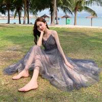 【HY&CO】复古度假沙滩气质V领大摆仙女网纱吊带蓬蓬连衣裙长裙女夏