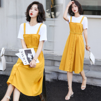 【外滩之韵】适简约个性拼色中长款短袖连衣裙2020年夏季时尚潮流舒