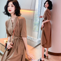 【外滩之韵】2020年夏装新款短袖系带收腰显瘦连衣裙A字摆气质风法式天丝复古