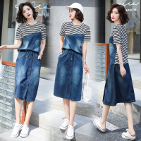 【外滩之韵】2020夏季新款韩版条纹牛仔裙时休闲松显瘦套装裙装条纹牛仔拼接潮
