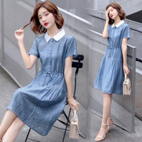 【外滩之韵】2020年夏季欧根纱娃娃领抽绳腰压摺口袋格子天丝麻料连衣裙