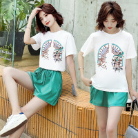 【外滩之韵】短裤套装女印花奥代尔缎面T恤夏季冰凉韩时尚减龄两件套