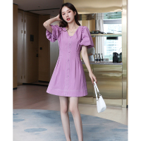 【HY&CO】2020年新款紫色泡泡袖V领中长款连衣裙女收腰显瘦A字裙