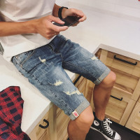 【HY&CO】男牛仔短裤弹力破洞贴标装饰