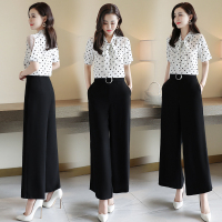 【铂瑟】2020年夏季时尚气质潮流圆点蕾丝插袋阔腿两件套