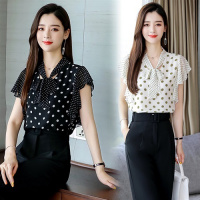 【铂瑟】2020夏装新款仙的上衣洋气雪纺衫波点荷叶边衬衫蝴蝶结小衫潮