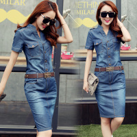 【外滩之韵】立领纯色短袖2020年春季新款潮流韩版中长款牛仔裙