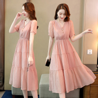 【秀衣记】2020年夏季仙气纯色收腰气质女人味修身连衣裙