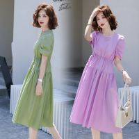 【秀衣记】2020法式复古圆领泡泡袖紫色绑带收腰连衣裙法式橘梗裙中长裙