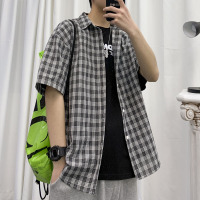 【HY&CO】夏装港风潮流薄款格子衬衫男短袖衬衣