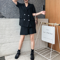 【外滩之韵】2020夏chic复古白色纽扣黑色短袖西装套装+高腰短裤