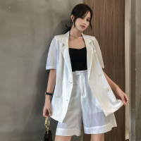 【铂瑟】2020夏chic复古翻领白色短袖西装套装+高腰短裤