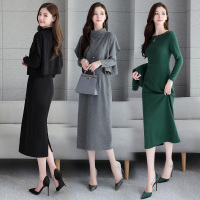 【COMEACROSS】2020年秋季新款时尚立领长袖百搭简约套头连衣裙两件套套装裙