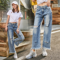 【秀衣记】秋季高腰浅色印花磨毛破洞牛仔裤