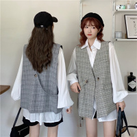 【秀衣记】2020秋季韩版格子西装马甲女外套+长袖薄款防晒白衬衫套装