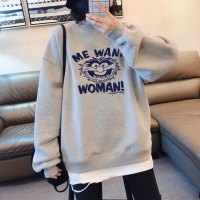 【秀衣记】2020秋季新款薄款卫衣女中长款撞色拼接上衣印花T恤