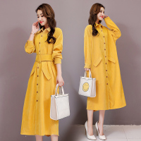 【COMEACROSS】时尚显瘦翻领排扣气质纯色宽松2020中长款连衣裙