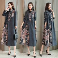 【铂瑟】2020秋季新款麂皮绒定位印花复古连衣裙时尚风气质连衣裙