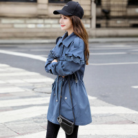 【HY&CO】2020秋装韩版宽松休闲中长款时尚风衣女木耳边设计腰部抽绳显瘦