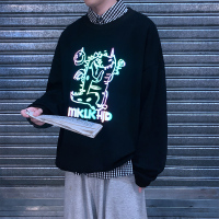 【HY&CO】七彩反光烫金网红INS宽松大码卡通圆领情侣长袖卫衣