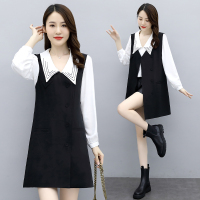 【COMEACROSS】2020秋季马甲衬衣两件套连衣裙V领气质翻领纯色简约大气通勤