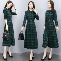 【COMEACROSS】2020秋季千鸟格连衣裙拼接蕾丝撞色修身显瘦气质中长款