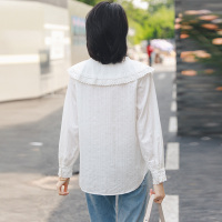 【铂瑟】衬衫纯色2020年夏季蕾丝娃娃领灯笼袖韩版长袖镂空