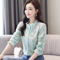 【铂瑟】2020年夏季纯棉通勤韩版排多扣修身木耳纽扣碎花立领长袖衬衫