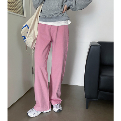 【秀衣记】2020韩版高腰显瘦休闲直筒粉色阔腿老爹裤女