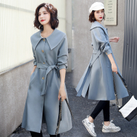 【秀衣记】翻领系带中长款蓝色黑色插袋风衣2020秋季新款大衣韩版修身