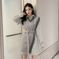 【秀衣记】2020秋新款时尚套装女气质竖条纹衬衫连衣裙不规则马甲两件套