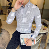 【COMEACROSS】秋季男士长袖英伦风不规则立体格子修身衬衫
