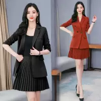 【COMEACROSS】秋装新款套装休闲西装外套半身百褶裙子两件套女时尚气质纯色显瘦