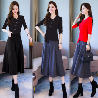 【COMEACROSS】2020秋装新款套装百搭修身显瘦针织衫毛呢阔腿裙裤女时尚两件套
