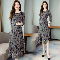 【COMEACROSS】2020秋季时尚印花中长款连衣裙简约圆领收腰显瘦开叉百搭