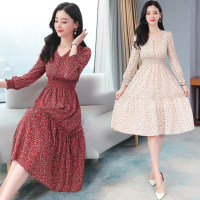 【COMEACROSS】秋装新款印花雪纺长袖连衣裙女甜美减龄中长款裙子很仙的V领裙子