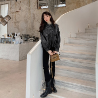 【秀衣记】2020年秋冬新款泡泡袖大版休闲时尚PU水洗皮外套