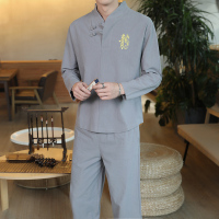 【铂瑟】风秋秋棉麻盘扣刺绣长袖套装男亚麻宽松卫衣休闲