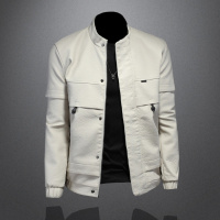 【铂瑟】2020冬款男士立领皮衣潮流米白色皮夹克外套男装