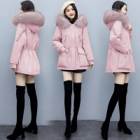 【铂瑟】2020年新款腰间抽绳重工刺绣连帽中长款棉衣配高仿环保大毛领棉服