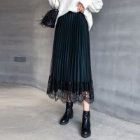 【COMEACROSS】秋百褶裙蕾丝拼接两面穿中长款半身裙