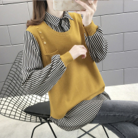 【COMEACROSS】拼接针织外套新款毛衣女秋装宽松外穿假两件套上衣长袖套头衫