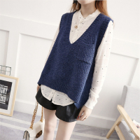 【COMEACROSS】V领毛衣女无袖马甲短款口袋背心宽松大码针织外搭套头