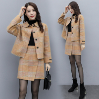 【COMEACROSS】秋冬中长款2020新款英伦小香风格子毛呢外套粗花毛呢大衣百搭套装