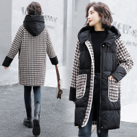 【铂瑟】拼接千鸟格女韩版宽松中长款连帽加厚外套羽绒棉服时尚百搭显瘦